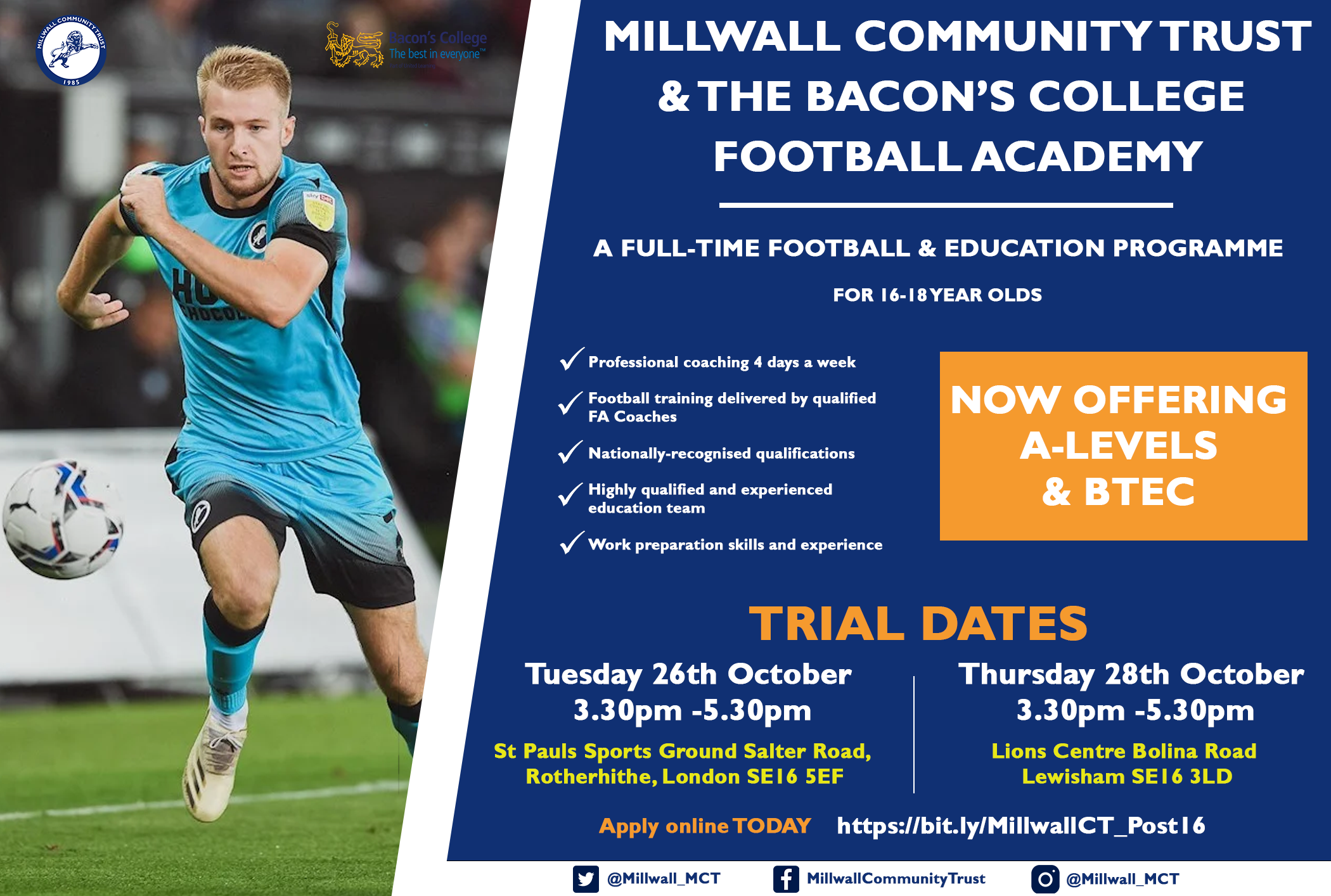 Millwall Community Trust - Millwall FC and The Bacon’s College Launch Post 16 Football Academy