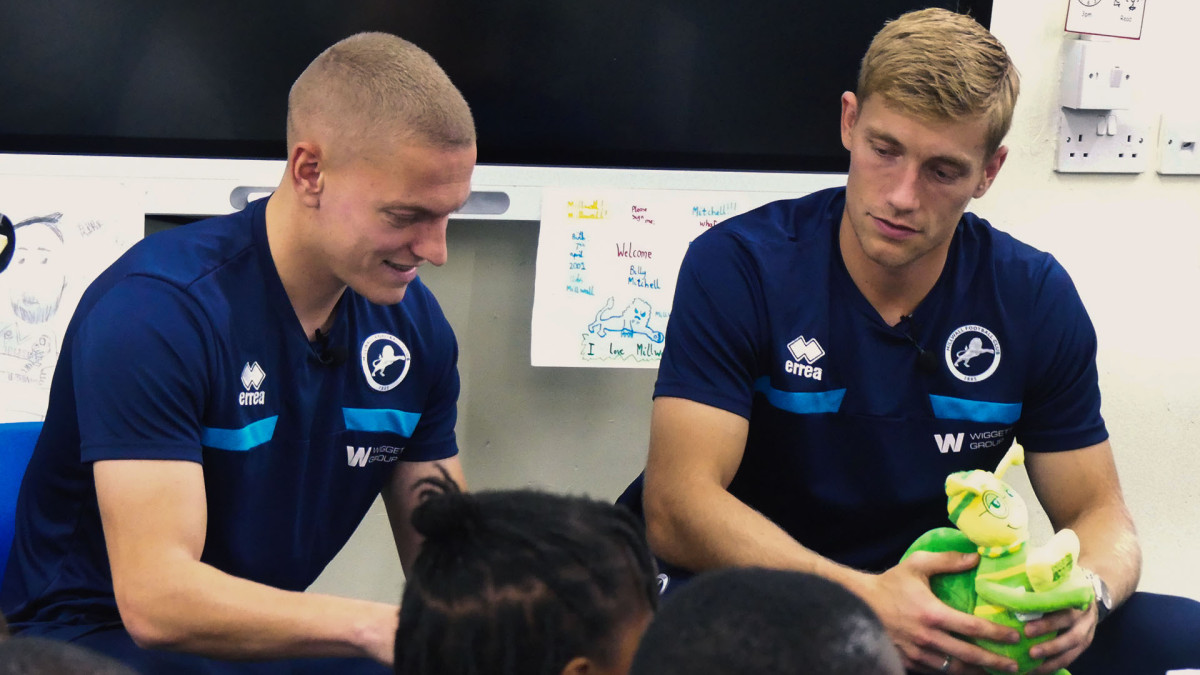 Millwall Community Trust Education and Employment Ambassadors Zian Flemming and Casper De Norre visit St Joseph's Primary School, Southwark as part of our Reading Partners programme