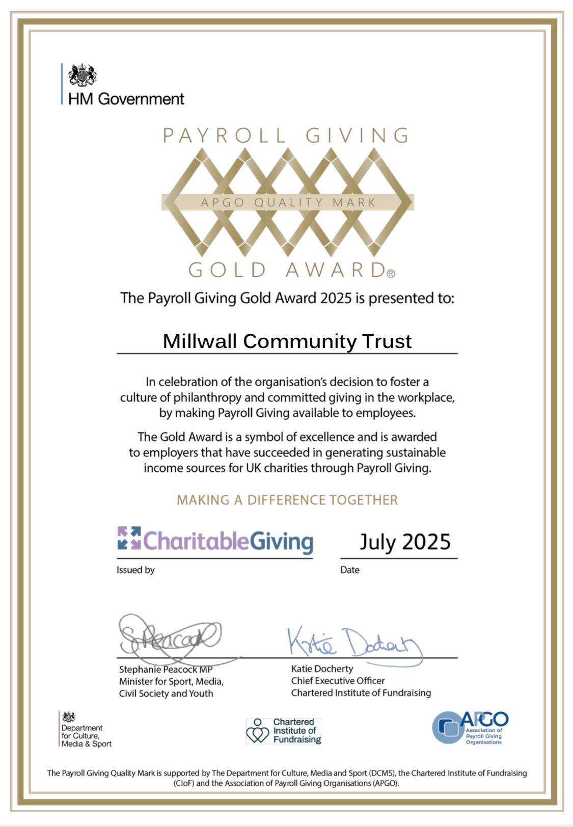 Millwall Community Trust (MCT) have been awarded a Gold Payroll Giving AGPO Quality Mark for 2025