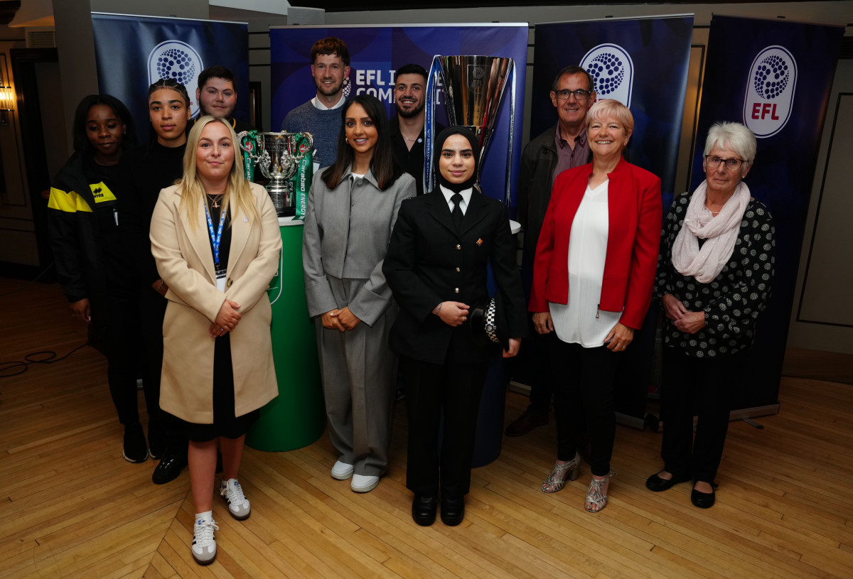 MCT former Alternative Provision Academy Students and current Training Ground Programme trainees Reece Endicott and Alysia Marcangelo as well as training Ground and mentoring officer Ophelie Zahui attended the EFL in the Community Strategy launch event